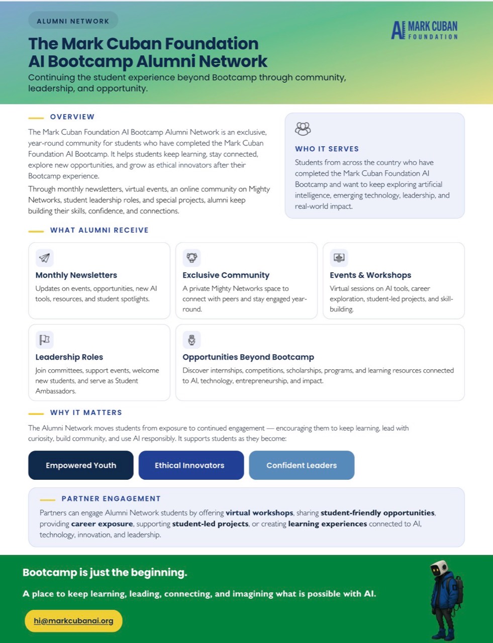 One-page overview explaining the AI Bootcamp Alumni Network experience, benefits, and partner engagement opportunities.