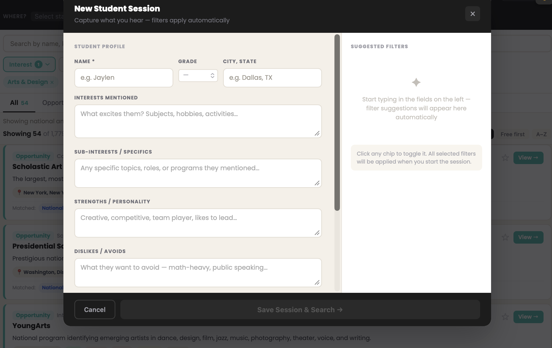 Student intake modal with profile fields and suggested filters.