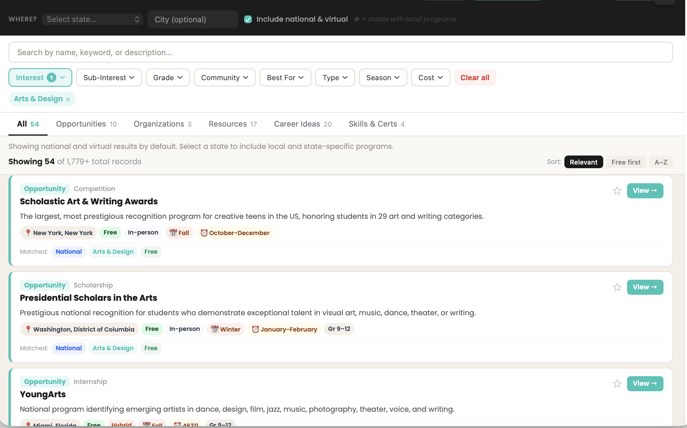 Opportunity discovery interface showing filters and arts-related search results.